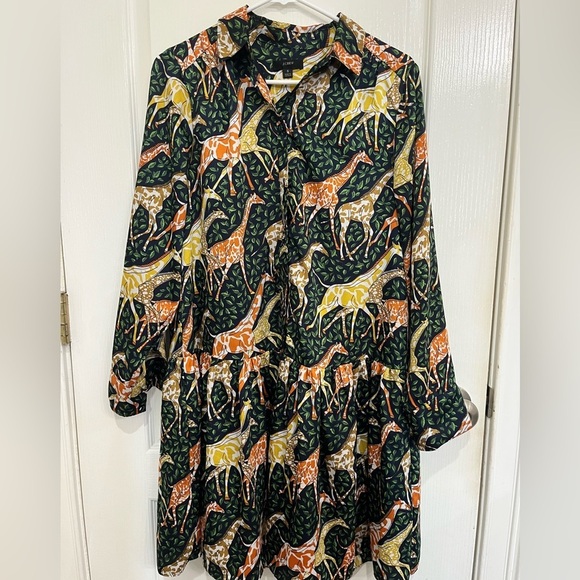 J. Crew Shirtdress in Giraffes Relaxed Fit Small Navy Blue Animal Print Boho Zoo - Picture 5 of 8
